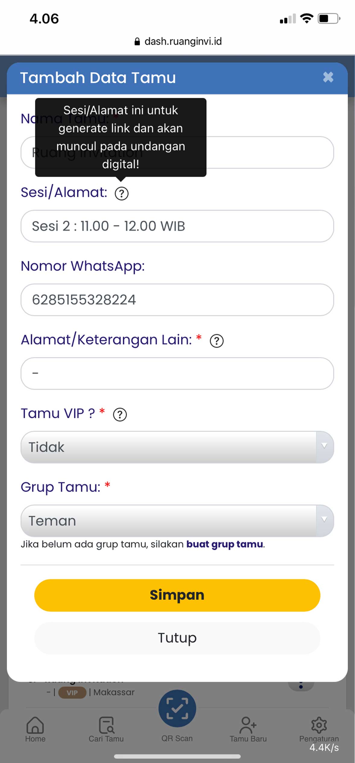 Custom Sesi atau Alamat